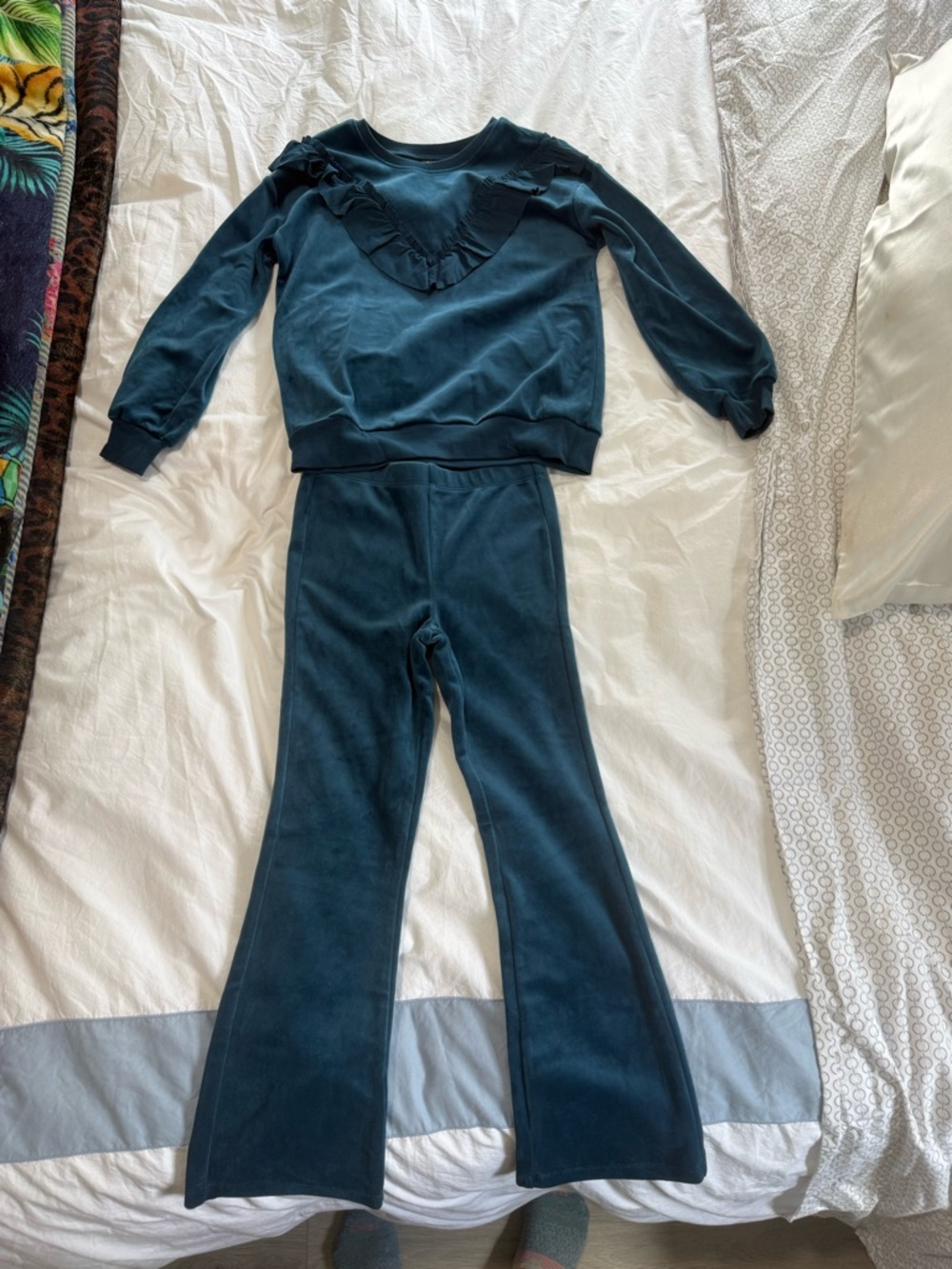 Tea Collection Teal Ruffle Sweatshirt and Flared Pants Set